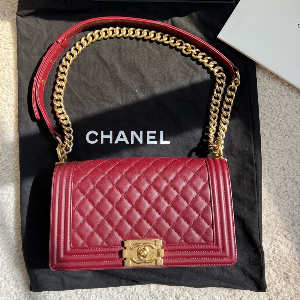 CHANEL Medium Boy Flap in Burgundy / Dark Red Quilted Lambskin Leather